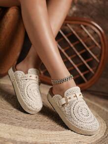 Bohemian Mesh Embroidery Thick Sole Slip-On Retro Mules Beach Leisure Holiday Style Women's Sandals