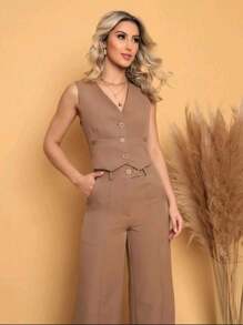 Women's Set Vest With Tailored Trousers Chic Formal - Màu Khaki - Xem 1