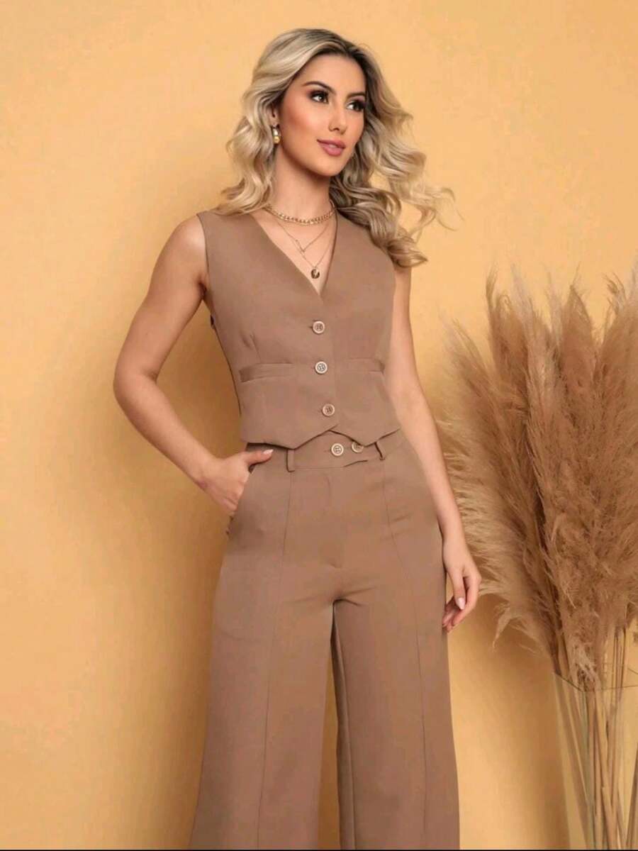 Women's Set Vest With Tailored Trousers Chic Formal - Màu Khaki - Xem 1