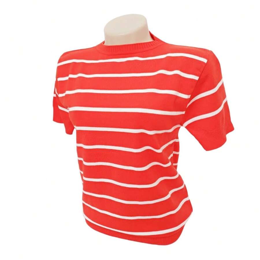 Striped Modal Blouse Short Sleeve Old Money Style Women's Fashion Spring Summer - Màu cam với màu trắng - Xem 1