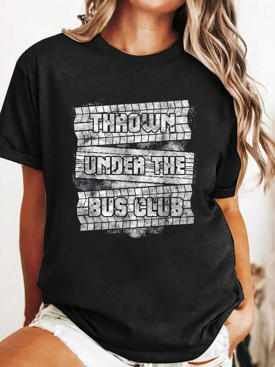 Funny Thrown Under The Bus Gift Men Women Cool Gag Sayings T-Shirt 100% Cotton Print Crew Neck Short Sleeve Casual T-Shirt Graphic Tees Women Tops - Black - View 1