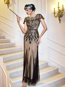 LVNES Long Elegant Gatsby Beaded Sequin Gown, Feather Patterns Wedding Guest Prom Homecoming Dress - Apricot - View 3