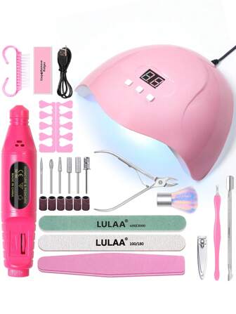 LULAA 19 件套美甲套装：紫外线美甲灯、卸甲器、美甲钻、金属推杆、指甲除尘刷、抛光块、角质层钳、指甲刀、手指分离器，是送给女孩、沙龙和家庭 DIY 美甲护理的完美礼物