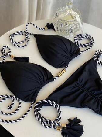 2-Piece Halter Tie Backless Bikini, Sexy High-End Solid Color Braided Swimsuit, 2025 New Cross-Border Overseas Trade