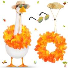 3pcs Summer Porch Goose Outfits For Plastic Goose 23/17'' Lawn Patio Statue Clothes Straw Hat And Hawaiian Lei Costume