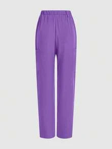 cimmuovere Women's Nurse Scrub Pants, Comfortable Solid Color Simple Multi-Pocket Scrub Pants - Purple - View 2