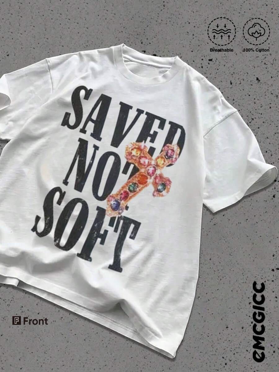 Y2K,SAVED NOT SOFT....Fashionable Cotton Men's T-Shirt, Multi-Color Optional, Surprise Gift For Friends And Family, Christmas Drop Shoulder Sleeves Round Neck - trắng - Xem 1