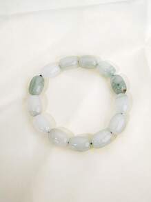 1pc Natural Jade Beaded Bracelet, White And Green Intertwined Like Watercolor Painting, Smooth Texture, Adds Oriental Elegant Charm - White - View 1