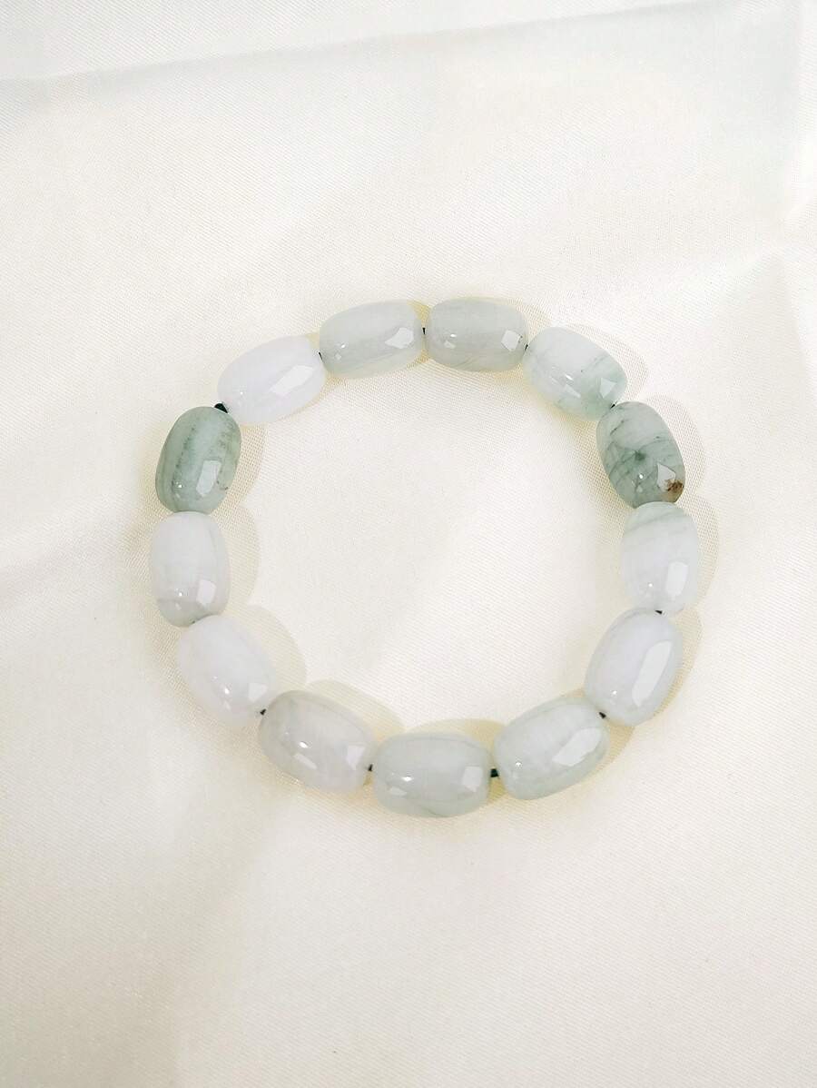 1pc Natural Jade Beaded Bracelet, White And Green Intertwined Like Watercolor Painting, Smooth Texture, Adds Oriental Elegant Charm - White - View 1