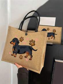 黄色亚麻带扣手提包，印有黑狗图案，包括一个大包和一个小钱包、手提包和零钱包、手提包和钱包、简约耶稣字母印花亚麻手提包、卡包、适合教师的多功能便携式手提包