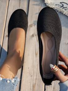 Round Toe Women Flat Shoes, Knitted Casual Ballet Flats, Breathable Summer Slip-On Loafers, Spring Comfy Versatile Flat Shoes, Bohemian Style In Black, White, Olive Green, Beige, Sky Blue, Light Blue, Khaki, Light Brown, Navy Blue, Yellow, Suitable For EU Large Size, Summer Lightweight Mesh Casual Walking Shoes, Solid Color Slouchy Shoes - Black - View 2