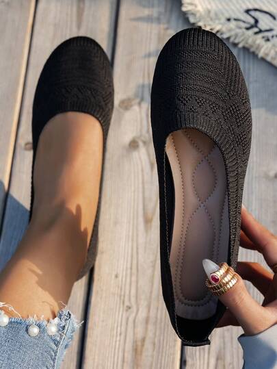 Round Toe Women Flat Shoes, Knitted Casual Ballet Flats, Breathable Summer Slip-On Loafers, Spring Comfy Versatile Flat Shoes, Bohemian Style In Black, White, Olive Green, Beige, Sky Blue, Light Blue, Khaki, Light Brown, Navy Blue, Yellow, Suitable For EU Large Size, Summer Lightweight Mesh Casual Walking Shoes, Solid Color Slouchy Shoes