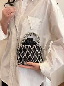 French Ladylike Handmade Woven Beaded Satchel Handbag, Pearl Decor Shoulder Crossbody Bag, Unique Small Hollow Rhombic Mesh Bucket Bag Design For Summer