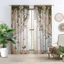 2 pièces Élégants rideaux transparents imprimés de motifs floraux, en polyester tissé, style contemporain, lavables en machine, sans tige incluse pour la chambre à coucher, le salon, le bureau