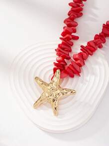 1pc Summer Beach Starfish Necklace, Red Shell Fragment Beaded Necklace, Vacation Ocean Boho Style Jewelry For Women - Multicolor - View 2
