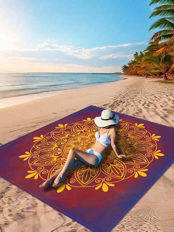 1pc New Oriental Art Style Rectangular Lightweight Beach Blanket Multi-Purpose Water And Sand Resistant Deep Red Background With Gold Mandala Design Rug Digital Printing Fabric Picnic Blanket Beach Essentials