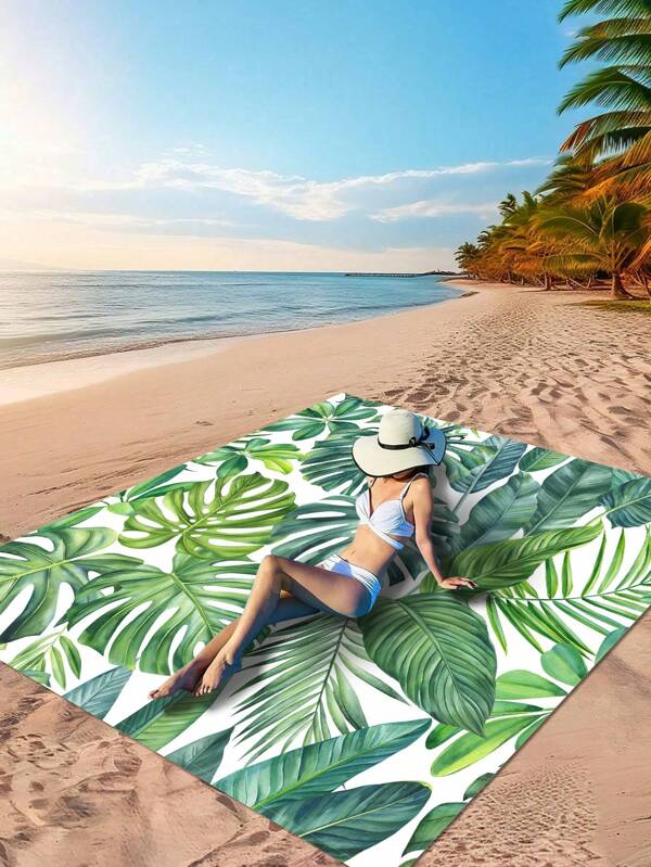 1pc New Tropical Style Beach Blanket Rectangle Lightweight Outdoor Multi-Purpose Waterproof Sandproof Tropical Oasis Picnic Rug Beach Essentials