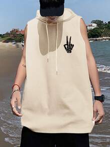 Cráneo Huesos Manos de Tijera Imprimir Hombres Chaleco Sin Mangas Con Capucha Suelta Casual Camisetas sin mangas para hombre - Albaricoque - Ver 5