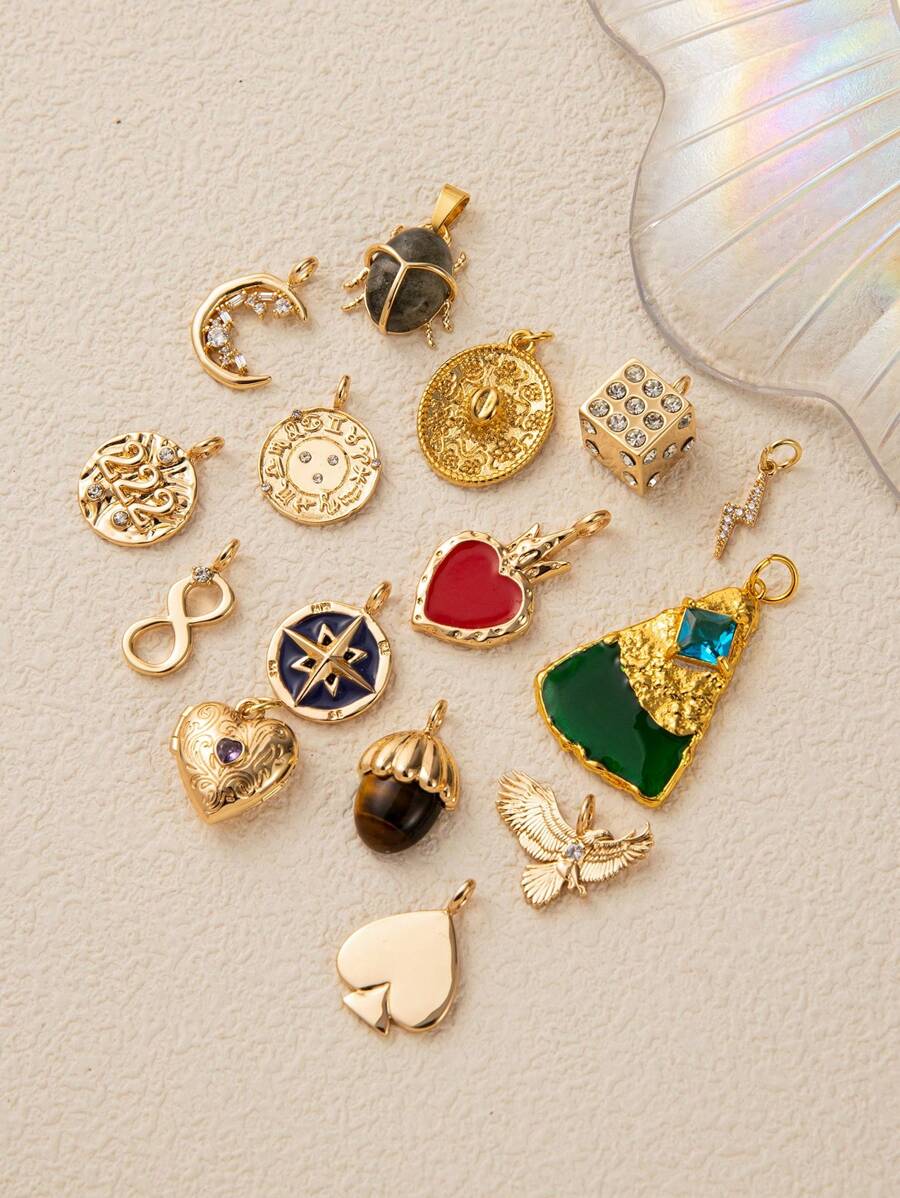 18K Gold Plated Zodiac & Lucky Charms, Vintage Astrology Pendants For DIY Necklace, Sacred Heart, Compass, Scarab, Boho Jewelry