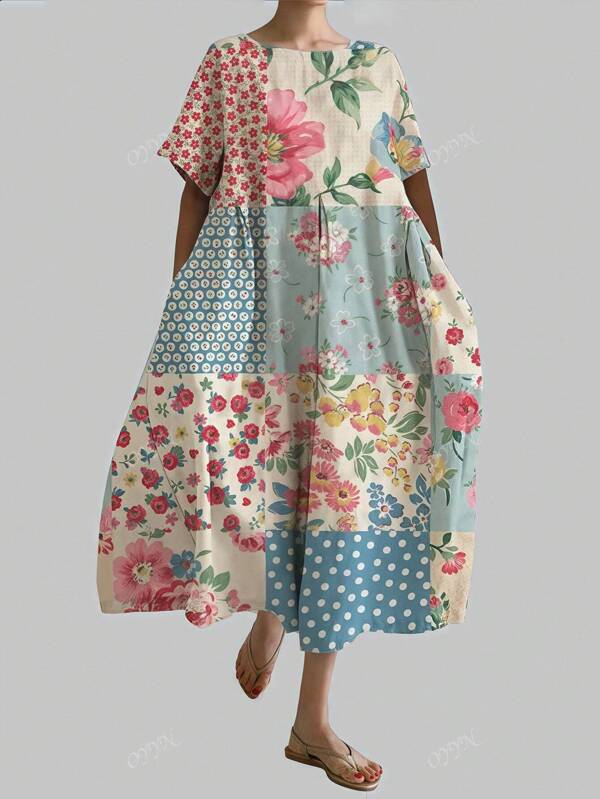 Robe imprimée à manches courtes et décontractée pour femmes - robe t-shirt fleurie d'été, robe de plage légère et respirante à motif, streetwear confortable pour les tenues quotidiennes