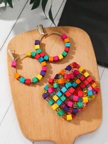 2 peças/conjunto Boho Handmade Beaded Multi Layer Pulseira Brincos Conjunto, Conjunto de Jóias Elegantes