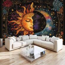 1pc Bohemian Sun And Moon Face Print Tapestry, Modern Polyester Square Wall Hanging Decor For Room, Living Room, Bedroom - Multicolor - View 3