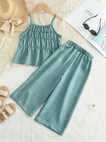 Young Girls 2Pcs Leisure Vacation Style Camisole And Pants Set For Summer - Blue - View 2