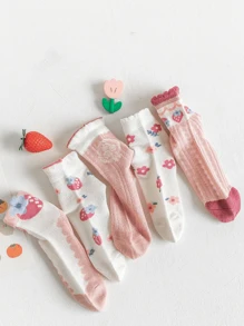 5 Pairs Children's Socks For Spring And Summer, Thin Mid Tube Socks For Summer, Mesh Socks, Short Socks With Floral Prints, Tulip Series, White Socks, Ultra-Thin Socks, Casual Socks - Multicolor - View 4
