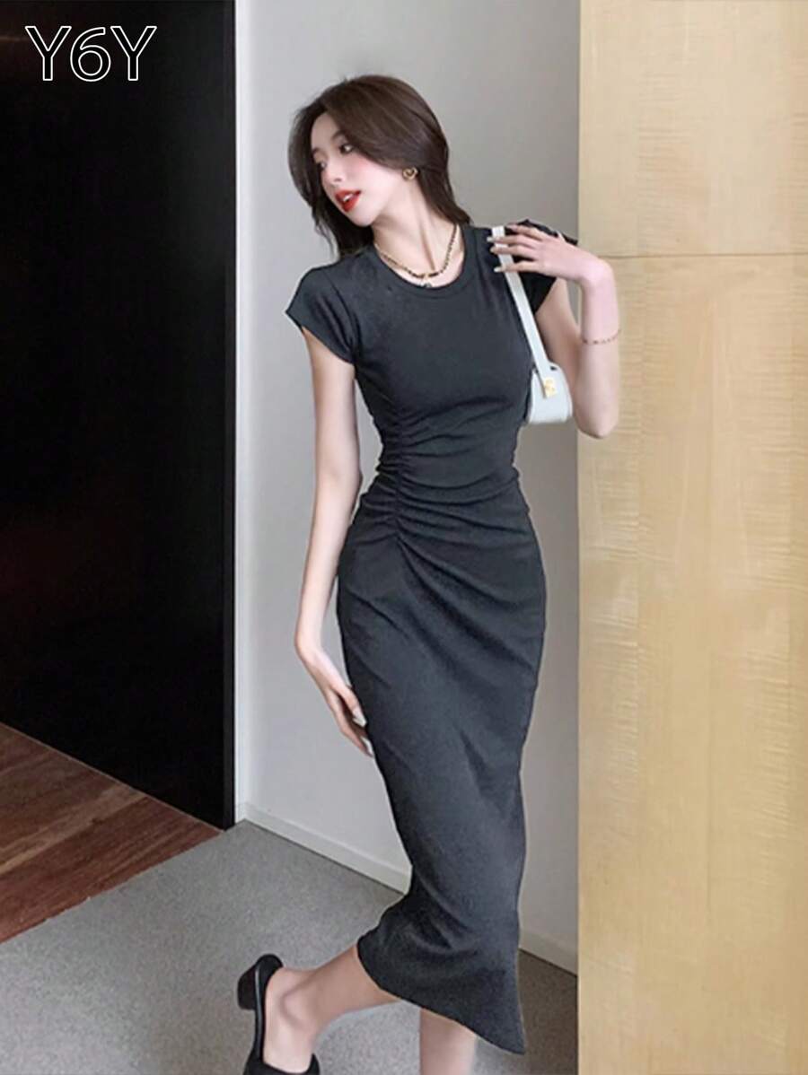【Y6Y】圆领插肩袖腰部褶皱束腰长裙|秋冬女装叠穿连衣裙，高端短袖修身简约百搭紧身连衣裙 - 深灰色 - 查看 1