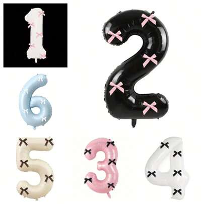 6pcs 32-Inch Digital Balloons With Bows, 32" Black, White, Pink Number Foil Balloons, Polyester Bowknot Maker, Party Decorations For Birthday, Anniversary