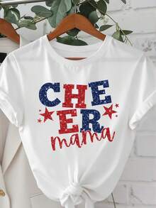 女士宽松圆领短袖“Cheer Mama”亮片星星图案 T 恤，适合派对、聚会和礼物，四季皆宜 - 白色 - 查看 1