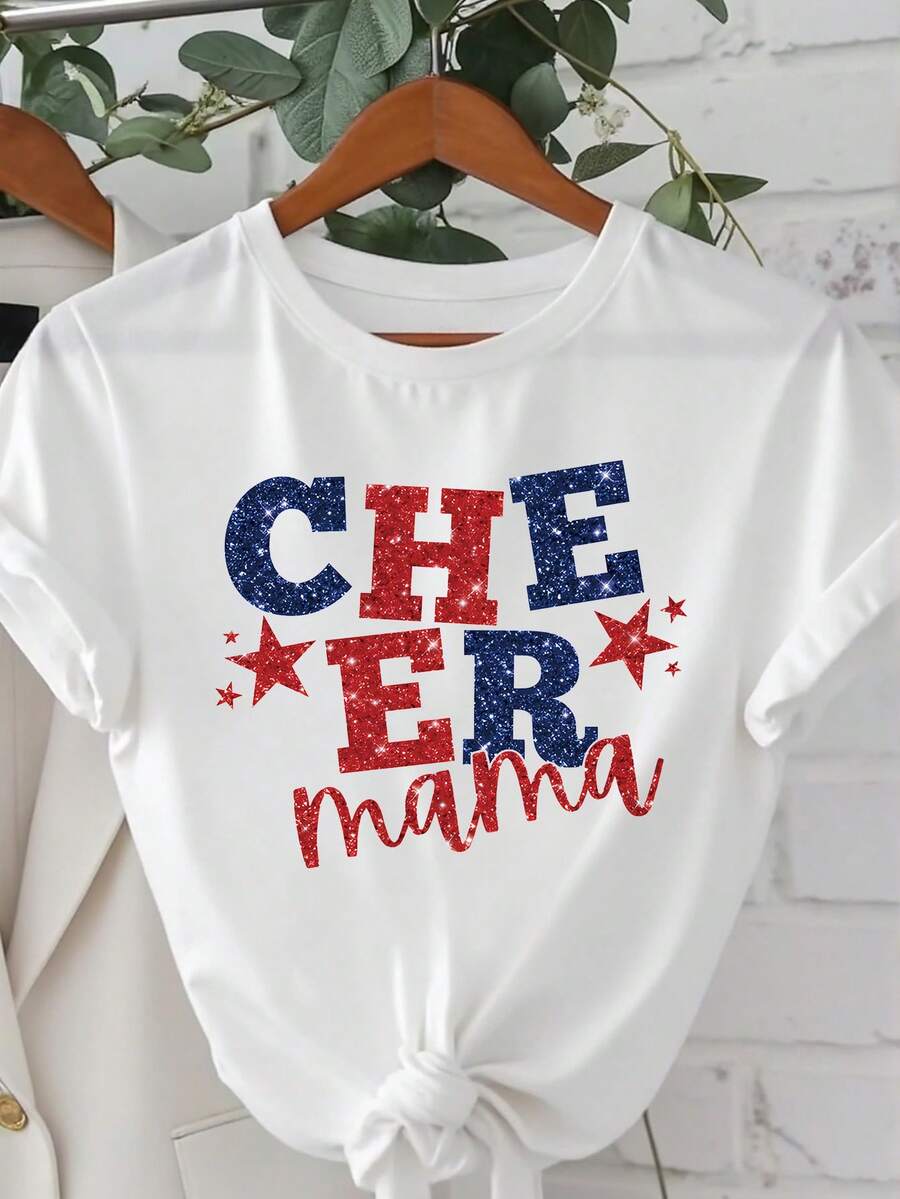 女士宽松圆领短袖“Cheer Mama”亮片星星图案 T 恤，适合派对、聚会和礼物，四季皆宜 - 白色 - 查看 1