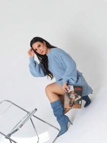Women's Knit Set Short Asymmetrical Skirt And Puff Sleeve Blouse Fashion Blogger Foreign Autumn Winter Boho - 淺藍色 - 查看 5