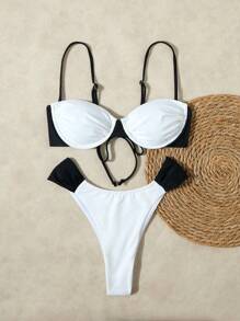 New Arrival European & American Style Solid Color Split Halter Bikini For Beach Vacation - Black and White - View 1