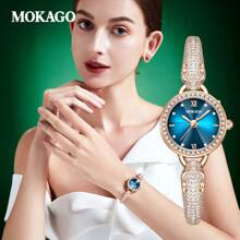 MKGO Leopard Head Bracelet Watch, Fashionably Encrusted With Diamonds, Luxurious Crystal Decoration, Gold And Silver Strap, Waterproof Ladies' Watch With Calendar And Luminous Feature. - Rose Gold Blue - View 3
