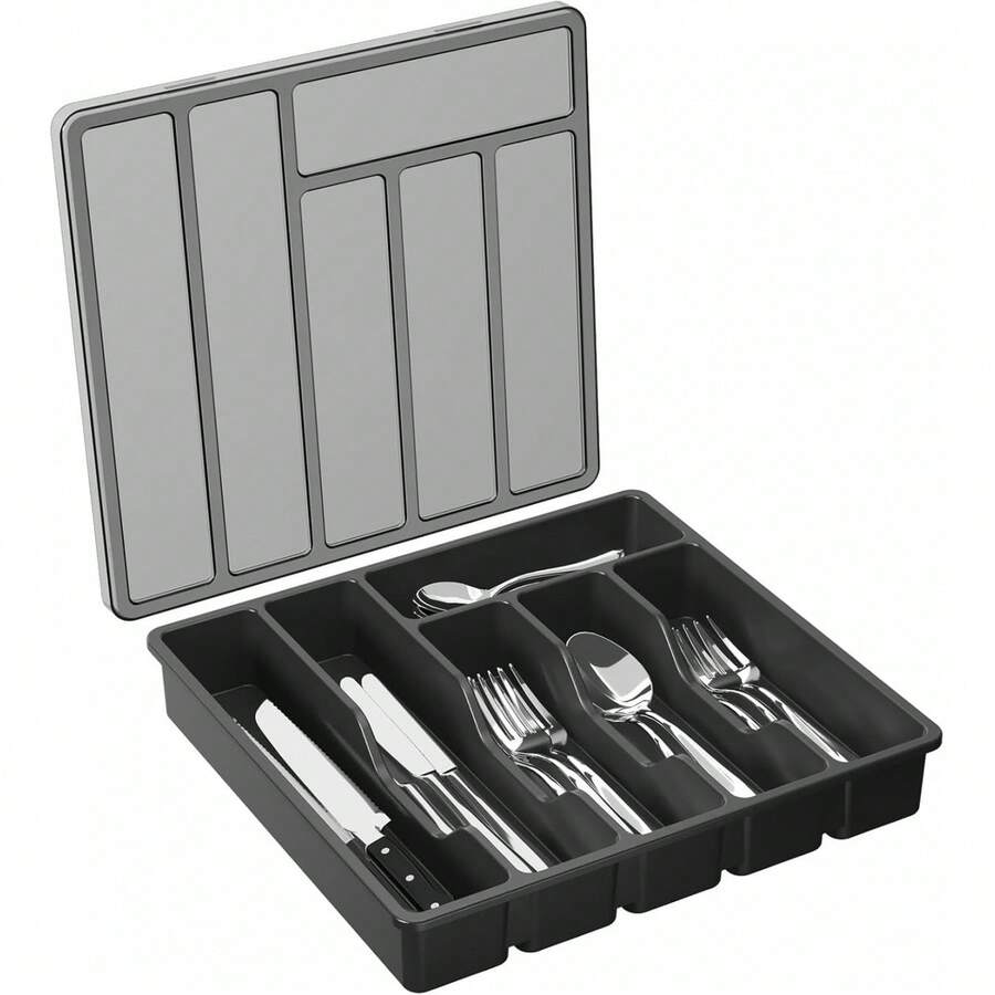 Fast Delivery Lifewit Silverware Organizer With Lid, Covered Utensil Tray Kitchen Drawer And Countertop, Plastic Cutlery And Flatware Storage Box Spoons Forks Knives Holder, 6 Compartments, Black Quality Assurance 9GUQ - màu đen - Xem 1