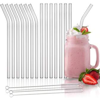 16Pcs Colorful Glass Straws With Cleaning Brush - 8mm Reusable Drinking Straws, Straight & Curved, Party Supplies For Smoothies, Cocktails, Iced Coffee, Perfect Gift For Home, Weddings, Or Events