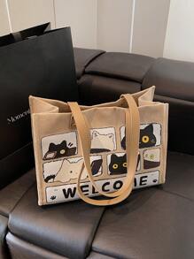 Cartoon Print Large Capacity Canvas Tote Bag,Women's Handbag,Shoulder Bag,Casual Commuting And School Bag,Spring/Summer 2025 New Arrivals