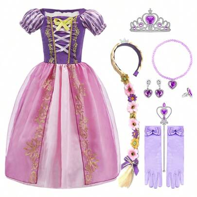 10pcs/Set Purple Floral Pattern Princess Short Sleeve Dress With Wig And Accessories, For Kids, Luxury Costume Cosplay For Christmas, Halloween Party, Girls