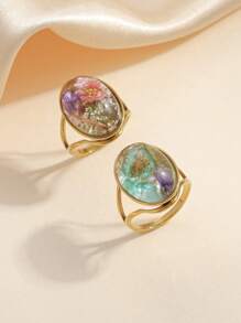 2pcs Stainless Steel Gold-Tone Rings With Embedded Light Blue And Pink Gemstones, Exaggerated Decorative Rings For Women - Yellow Gold - View 20