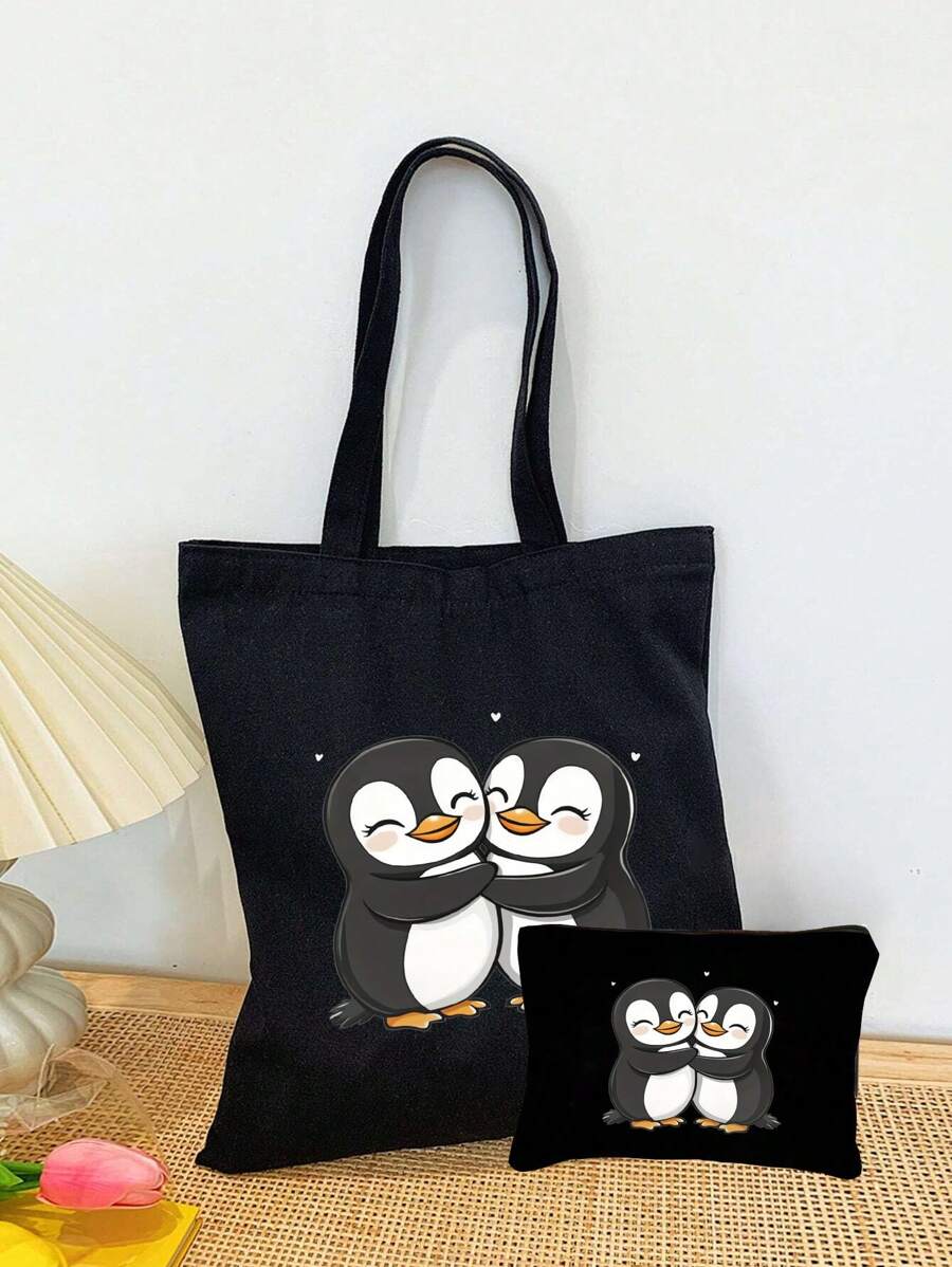 2pcs/Set Cute Penguin Print Handbag - Women's Fashion Tote Bag With Small Zipper Cosmetic Pouch, Reusable Shopping Bag, Compact Design For Daily Use - Black - View 1
