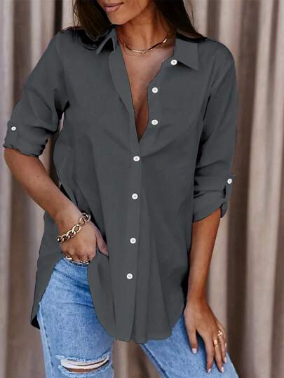 Damskjorta med lång ärm och knappar, enfärgad, medellång