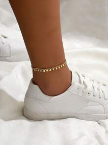 1pc Fashionable Minimalist Versatile Circular Pendant Copper Alloy Chain Anklet, Suitable For Daily, Beach, Vacation (Pendant Quantity Random) - Gold - View 2