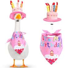 2pcs Happy Birthday Goose Outfit Porch Goose Outfits With Happy Birthday Cake Hat And Birthday Bandana Yard Goose Outfits For 23" 17" Cement Plastic Goose Duck Decorations