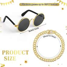 2pcs Chain Collar And Sunglasses Porch Goose Outfits For Plastic Goose 23"/ 17'' Lawn Goose Statue Sunglasses Gold Rhinestone Collar For Garden Goose Retro Pet Party Patio Yard