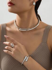 5pcs/Set Elegant High-End Geometric Alloy Bracelet, Ring, Necklace, Earrings Jewelry Set For Women, Ideal Gift For Girlfriend On Valentine's Day, Parties, Galas And Dates