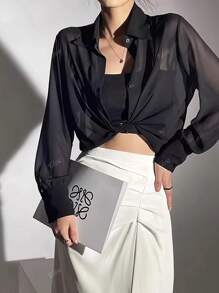 ELVA Back To School Black Solid Color Sheer Long Sleeve Shirt, Minimalist Fashion, Suitable For Summer