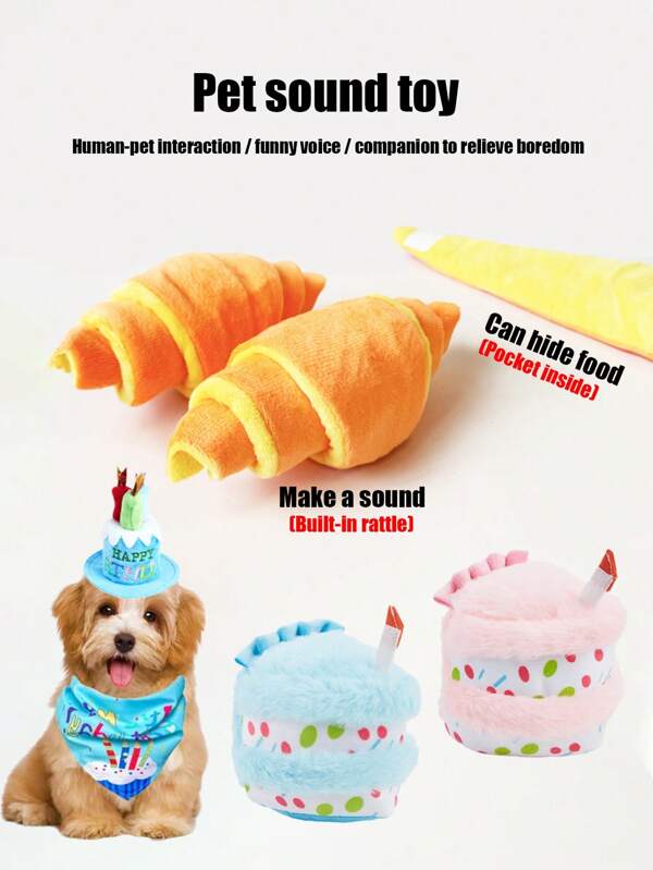 1 pièce Jouet sonore pour animaux de compagnie le plus vendu, jouet pour chien croissant avec cachette d'aliments, jouet interactif mignon avec voix, chapeau d'anniversaire, gâteau d'anniversaire pour chien, résistant aux griffures, résistant à la morsure, broyage des dents, jouet d'auto-divertissement pour animaux de compagnie