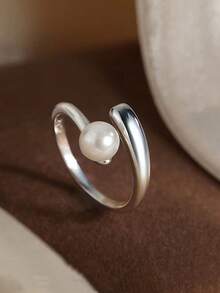 1pc Lightweight Luxurious Teardrop Pearl Open Ring, 925 Sterling Silver Elegant Ring, Exquisite Jewelry, Birthday Gift For Her - Silver - View 4