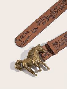 1 件男女通用复古西部牛仔风格动物扣压纹 PU 皮带，时尚百搭，适合搭配牛仔裤、裙子，适合所有季节夏季、秋季、秋季、万圣节 - 棕色 - 查看 4